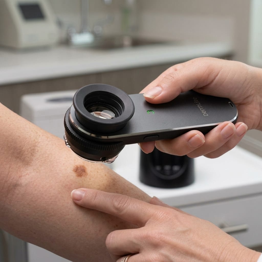 Dermatoscopia con DermLite durante la consulta dermatologica