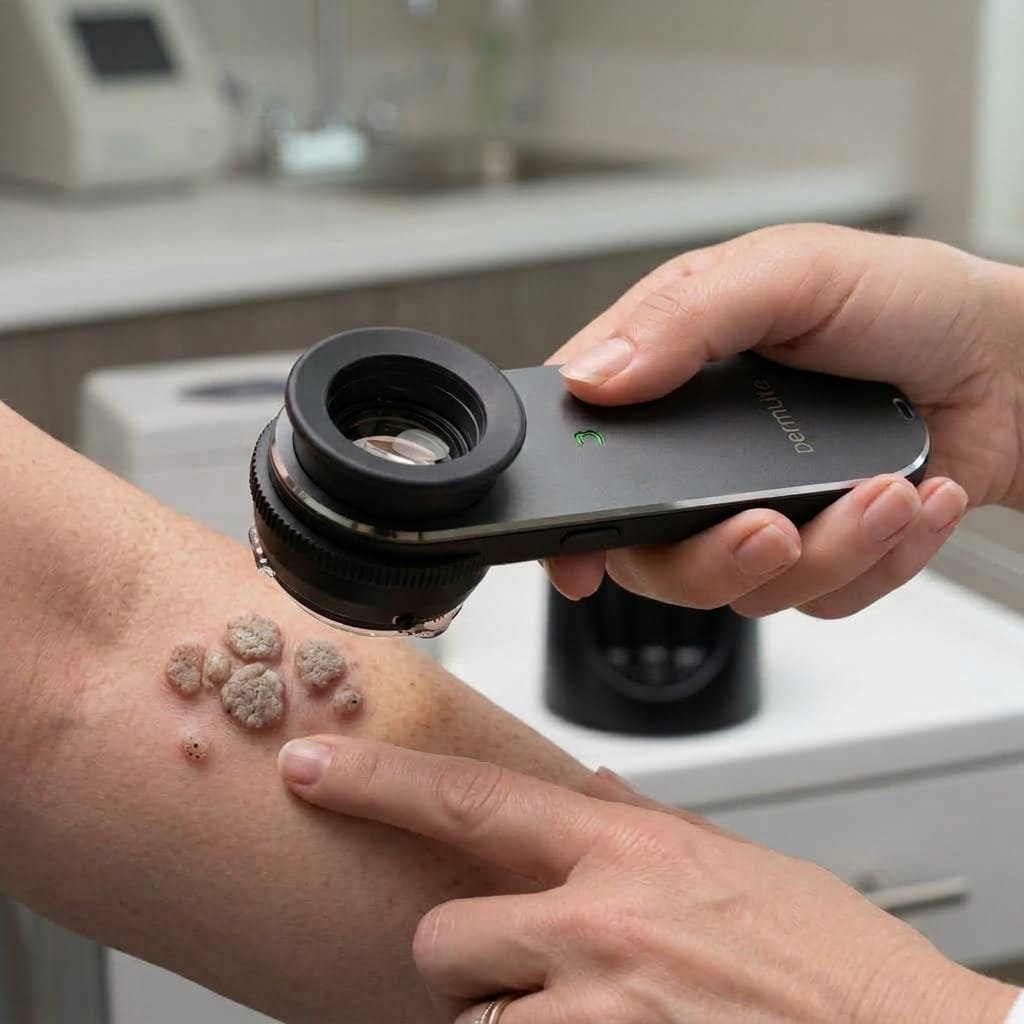 Dermatoscopia con DermLite de verrugas vulgares en el antebrazo