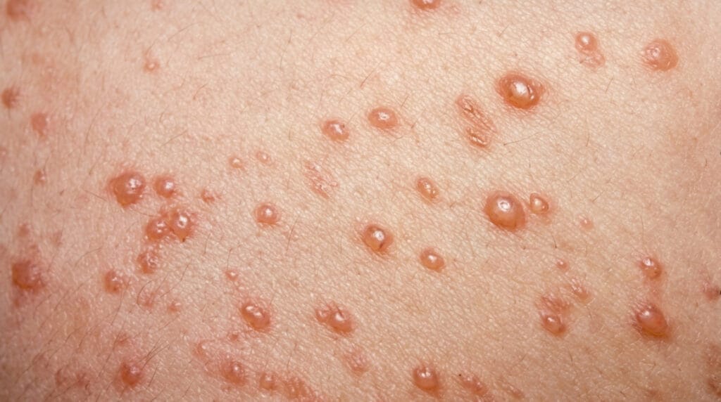Herpes zoster, vesiculas agrupadas sobre la piel