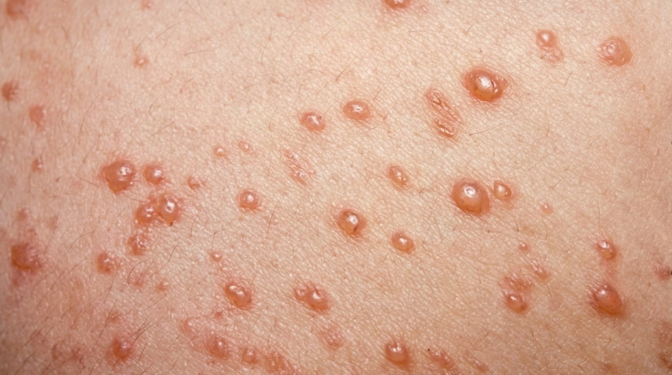 Herpes zoster, vesiculas agrupadas sobre la piel