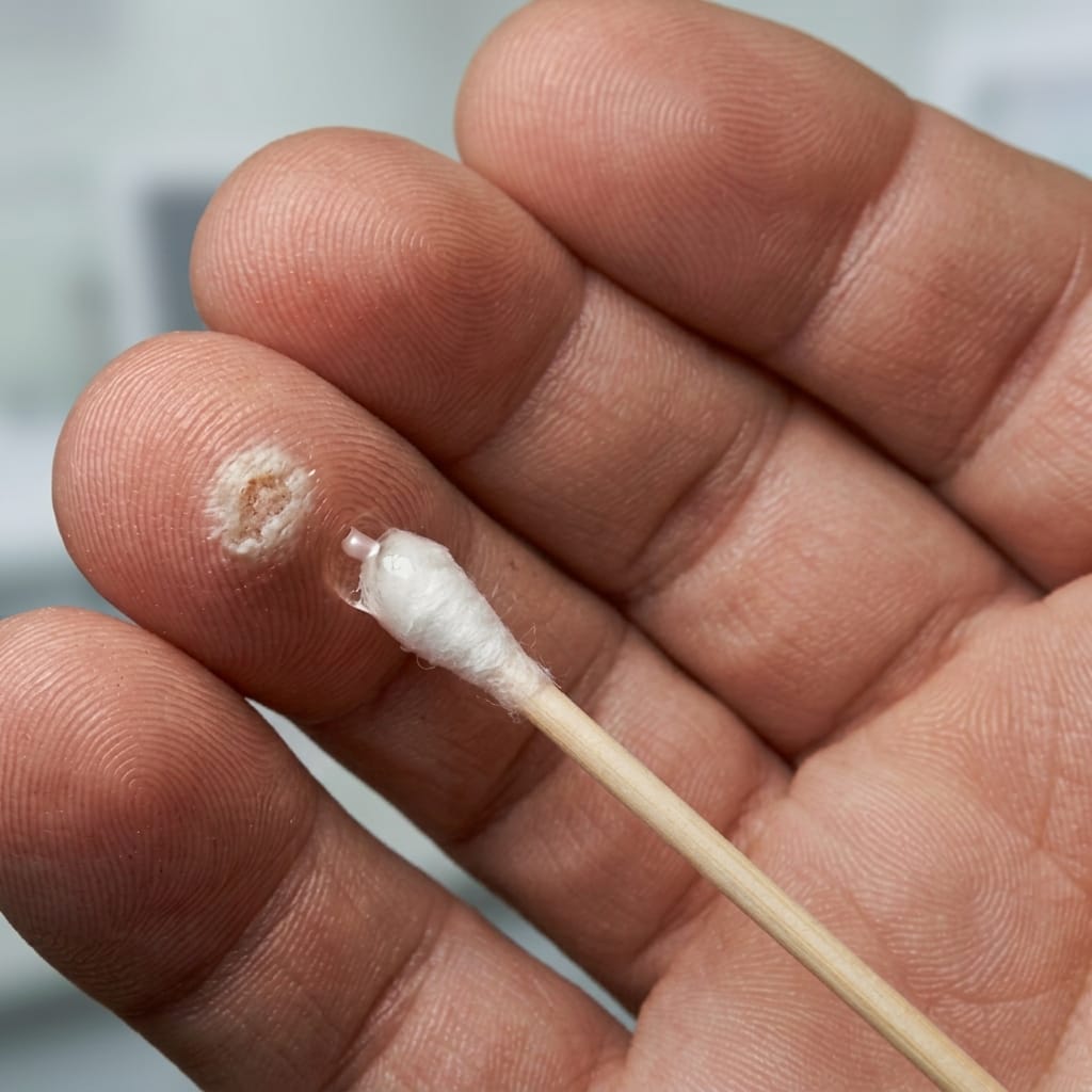 Aplicacion de tratamiento topico para verrugas vulgares en el dedo