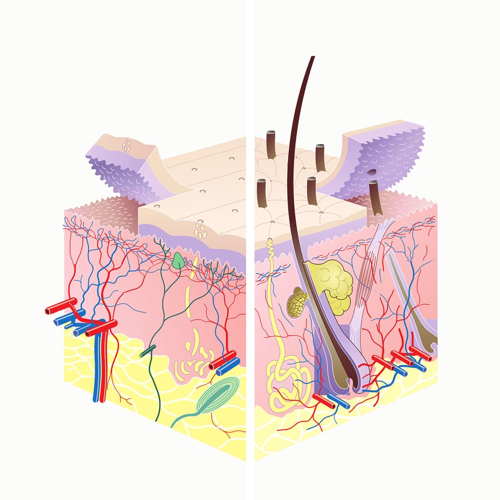 esquema de las capas de la piel, la epidermis es donde se origina la enfermedad de Bowen