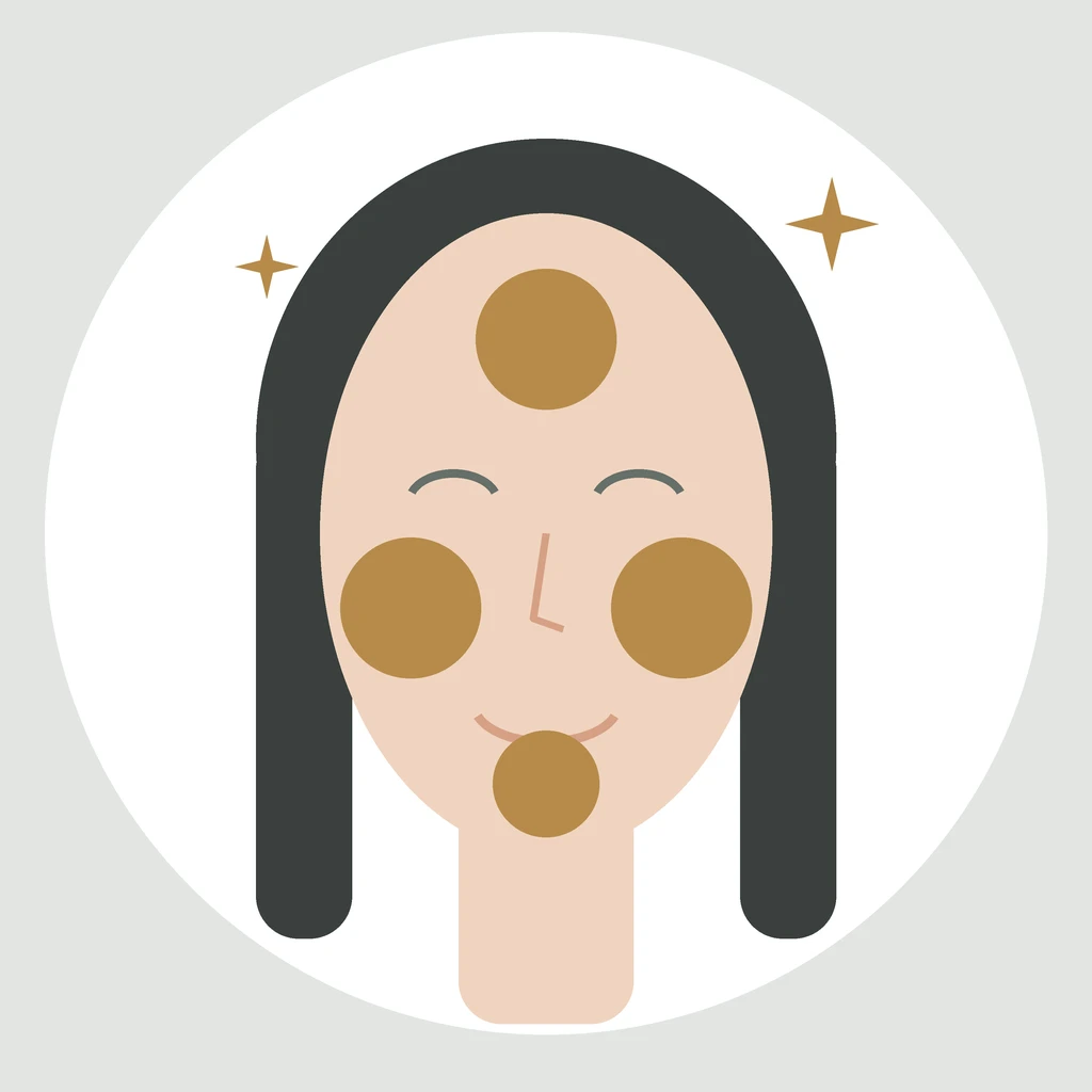 Ilustración de un rostro con las zonas de aplicación: frente, mejillas y mentón